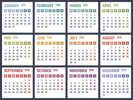 2018 year calendar, calendar design 2018 starts mondayのイラスト素材