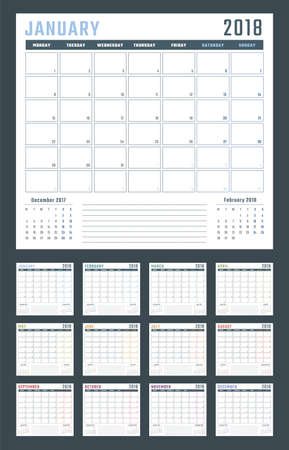 2018 year calendar, calendar design 2018 starts mondayのイラスト素材