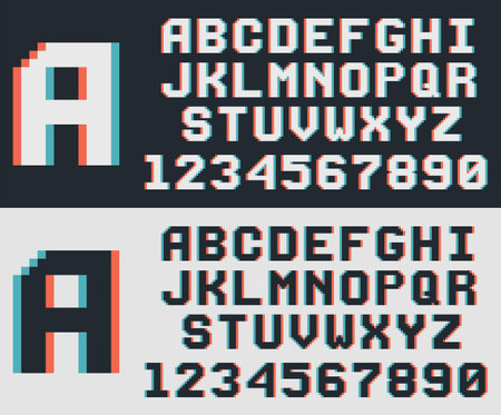 Pixel video game font, retro 8-bit letters and numbers