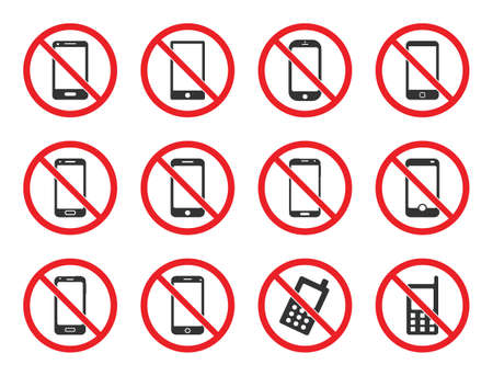 no mobile phone icon set, cell phone prohibitedのイラスト素材