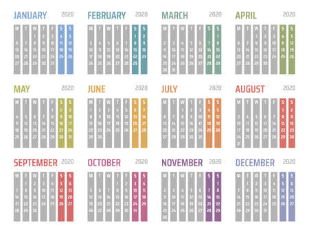 calendar for 2020 starts monday, vector calendar design 2020 yearのイラスト素材