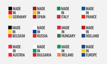 set of vector labels made in spain, italy, germany, france, belgium, russia, holland, austria, hungary, ireland, bulgaria and made in europe, european union flagのイラスト素材
