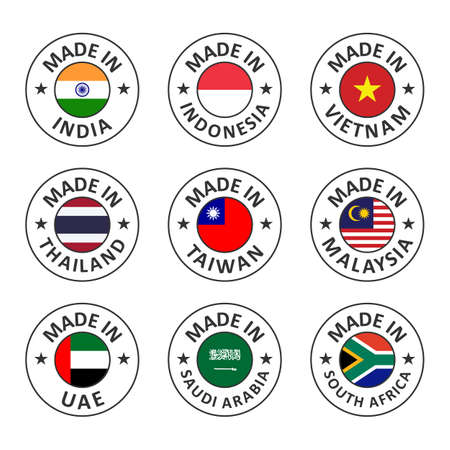 vector icon set made in india, indonesia, vietnam, thailand, taiwan, malaysia, uae, saudi arabia and south africa, world countries flag label stampのイラスト素材