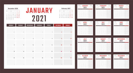 calendar for 2021 starts monday, vector calendar design 2021 yearのイラスト素材