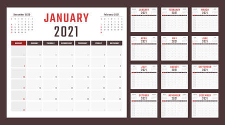 calendar for 2021 starts sunday, vector calendar design 2021 yearのイラスト素材