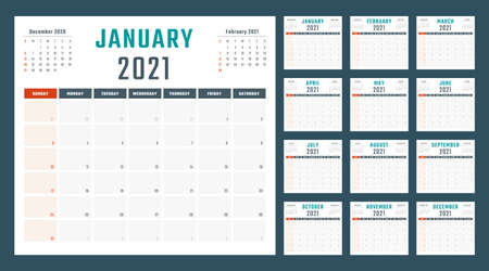 calendar for 2021 starts sunday, vector calendar design 2021 yearのイラスト素材