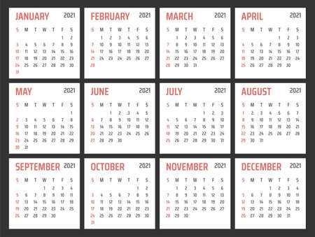 calendar for 2021 starts sunday, vector calendar design 2021 yearのイラスト素材