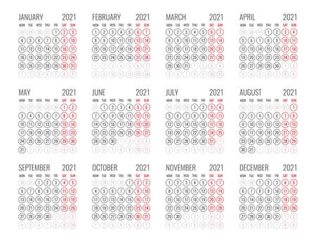 calendar for 2021 starts monday, vector calendar design 2021 yearのイラスト素材