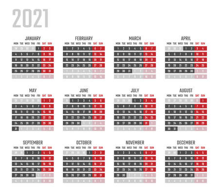 calendar for 2021 starts monday, vector calendar design 2021 yearのイラスト素材