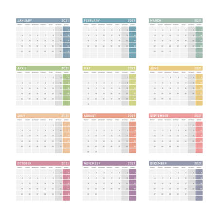 calendar for 2021 starts monday, vector calendar design 2021 yearのイラスト素材