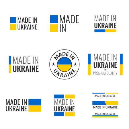 made in Ukraine labels set, Ukrainian product emblemのイラスト素材