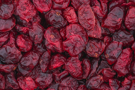 Close up photo of dried cranberries. Top view high resolution macro photo.