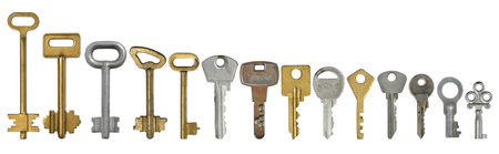 Different old keys on white isolated background. Set for the designer.の写真素材