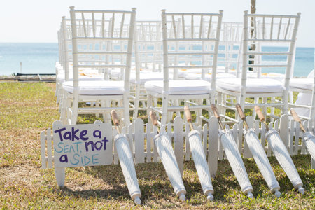 white wedding chair on the beachの写真素材