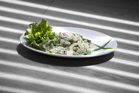 Salad baked eggplant and fresh tomatoes. Top viewFresh spring salad with rucola, feta cheese, red onion.の写真素材