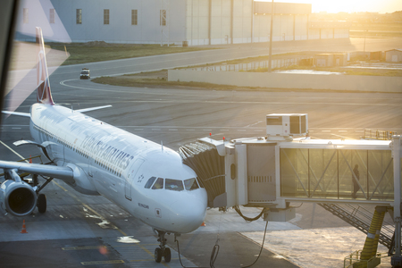 Turkish airlines Airplane near the terminal in an airport at the sunset. Geydar Ailev airport 25 MAY Baku, Azerbaijanのeditorial素材