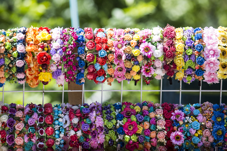 Female rim. Headbands hair with ribbons and bows top view.の写真素材