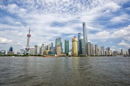 Beautiful Shanghai Pudong skyline at dusk. Shanghai night panorama over Huangpu River with skyline and urban buildings. Shanghai, China OCT 14のeditorial素材