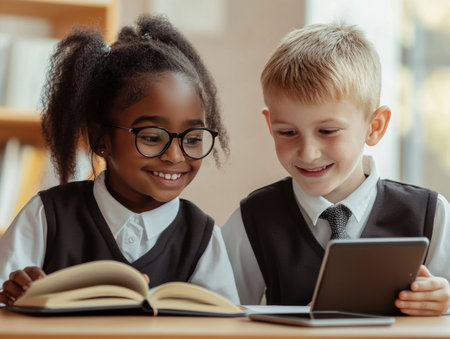 Children in school form are happy to use the tablet, while the textbook lies nearby. This image emphasizes the importance of a balanced approach to education, combining printed publications and digital devices. Suitable for illustration of articles dedicated to future education, development of children and the role of technology at schoolの素材