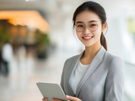 A woman wearing glasses and a gray jacket is holding a tablet. She is smiling and she is happyの素材