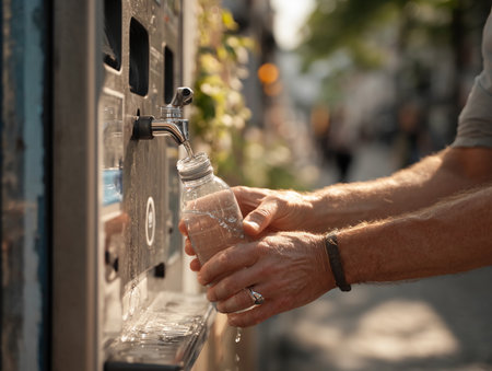 A man is filling up a water bottle at a water fountainの素材