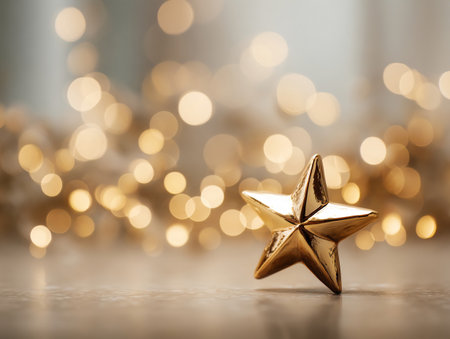 A gold star is sitting on a table with a blurry backgroundの素材
