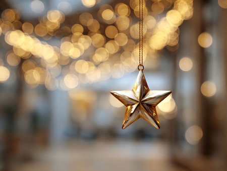Golden Christmas star hanging on a rope in a room with blurred backgroundの素材