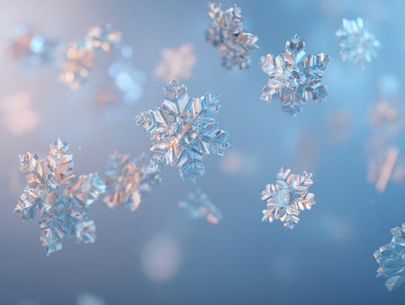 A bunch of snowflakes are flying through the airの素材