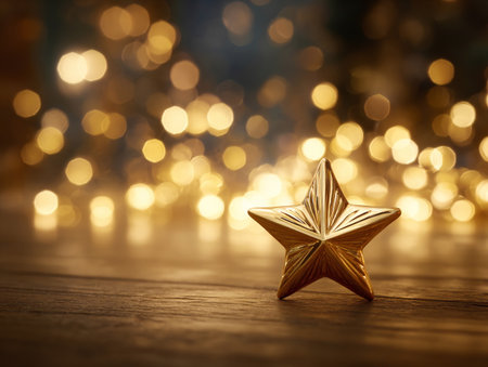 Golden Christmas star sitting on a wooden surfaceの素材