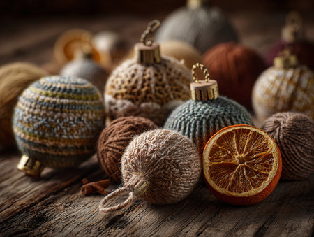 A pile of knitted or crocheted Christmas decorations and an orange.の素材