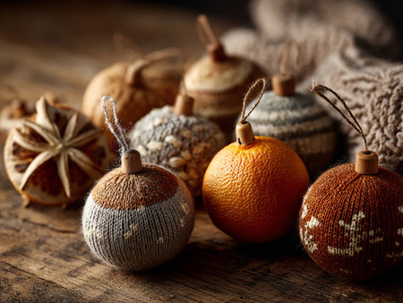 A collection of knitted ornaments, including oranges and pineapplesの素材