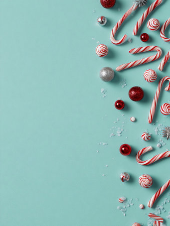 A blue background with a bunch of candy canes and other decorationsの素材