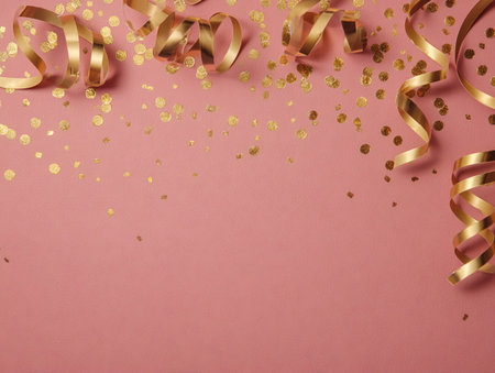 A pink background with gold ribbons and gold glitterの素材