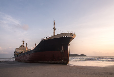 cargo container ship on beachの写真素材