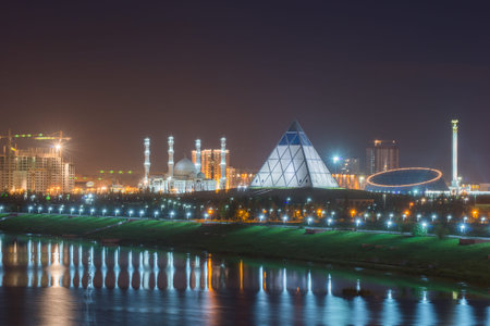 Cultural Center and Majestic mosque "Hazret Sultan" in Astanaの写真素材