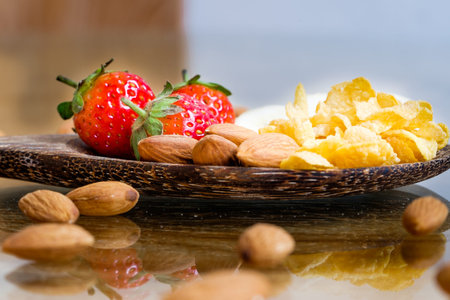 strawberry bananas almond and conflex  healthy foodの写真素材