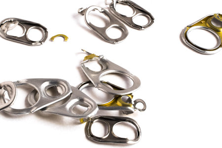 Ring pull aluminum of cans isolated , use make artificial legs on white background