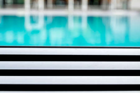 Wood Table Top Of Background And Poolの写真素材