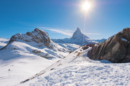 Sun behind Matterhorn, Zermatt, Switzerlandの写真素材
