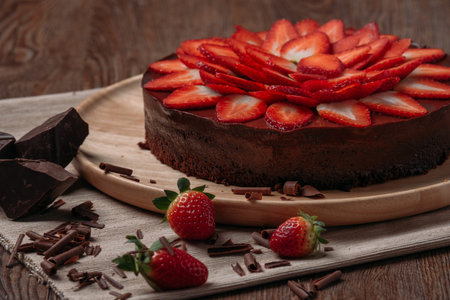 Chocolate cake with strawberry on wooden table close-up