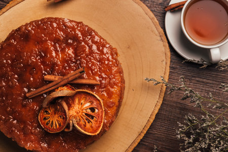 christmas cakes with cinamon ,matoom cutters and teacup on wooden desk