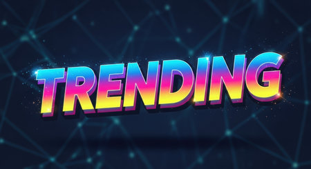 The word Trending is displayed in colorful 3D letters against a dark blue background with a network patternの素材