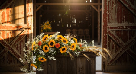 A rustic barn wedding venue features a sunflower arrangement on a wooden table creating a charming and romantic atmosphere perfect for event planning and floral designgraphyの素材