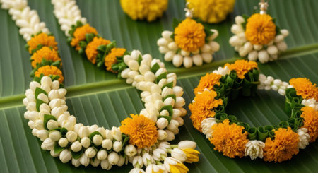 Beautiful Thai flower garlands with jasmine and marigolds displayed on a green banana leaf offer a vibrant cultural aestheticの素材
