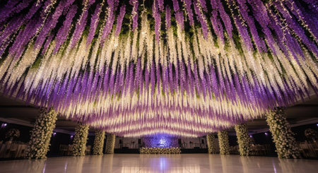 A beautifully decorated event space features cascading wisteria and floral pillars creating a magical and elegant atmosphere perfect for weddings or galasの素材