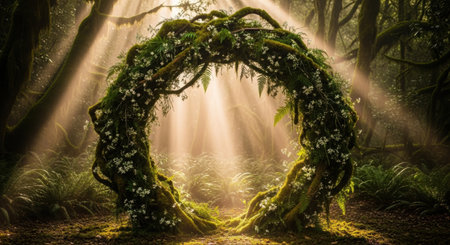 A magical forest scene featuring a natural archway of mossy branches and sunbeams shining through the treesの素材