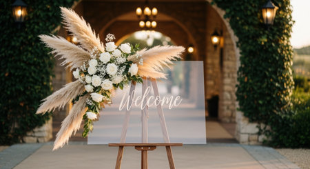 A beautifully decorated welcome sign stands ready for a wedding or special event with white roses and pampas grass adding eleganceの素材