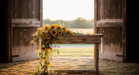 A rustic barn scene featuring a wooden table adorned with sunflowers and wheat creates a charming and inviting atmosphereの素材