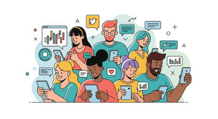 Diverse group of people using smartphones for social media and communication in a modern flat design styleの素材