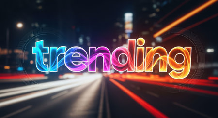 The word trending is displayed in vibrant colors over a blurred city street at night creating a modern and dynamic feelの素材